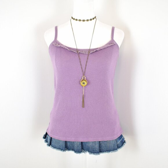 VTG 00s Y2K J. Jill Purple Ruffle Lace Trim Waffle Thermal Knit Cami Top Sz M - Picture 4 of 6
